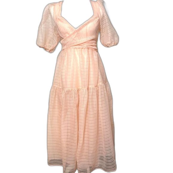 Free People Hailey Dress Size 4 Beautiful Baby Pink Wrap front Midi Dress - Picture 6 of 10